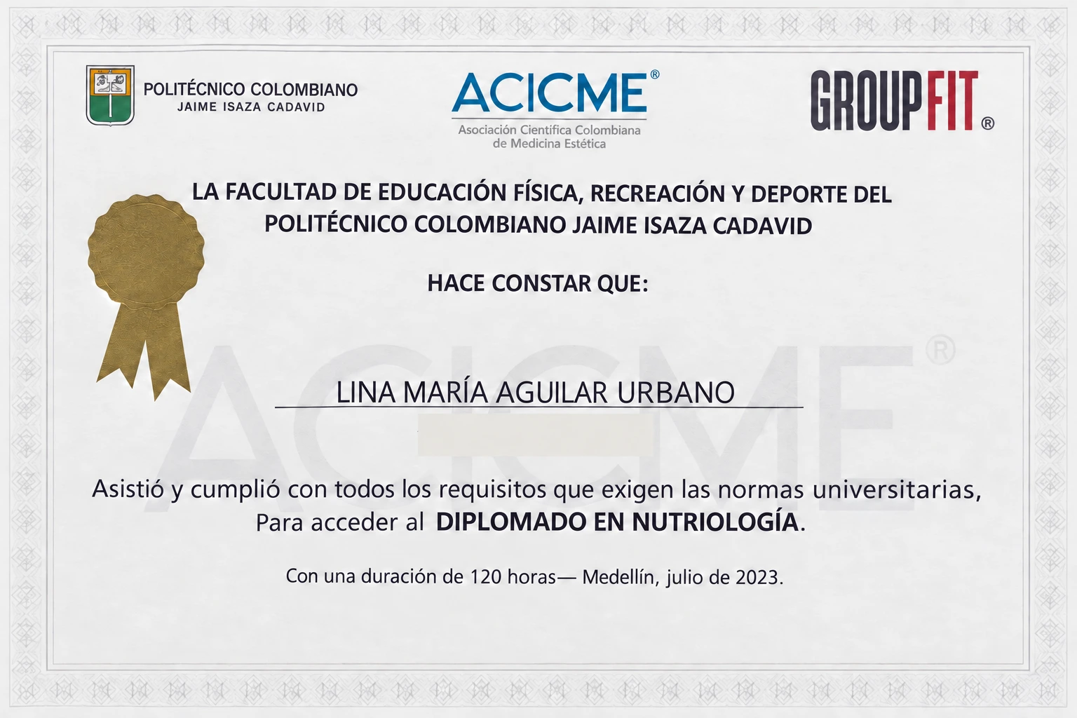 Reproducción digital del diploma en Nutriología de Lina María Aguilar Urbano, Politécnico Colombiano Jaime Isaza Cadavid y ACICME, 2023; datos personales ocultos