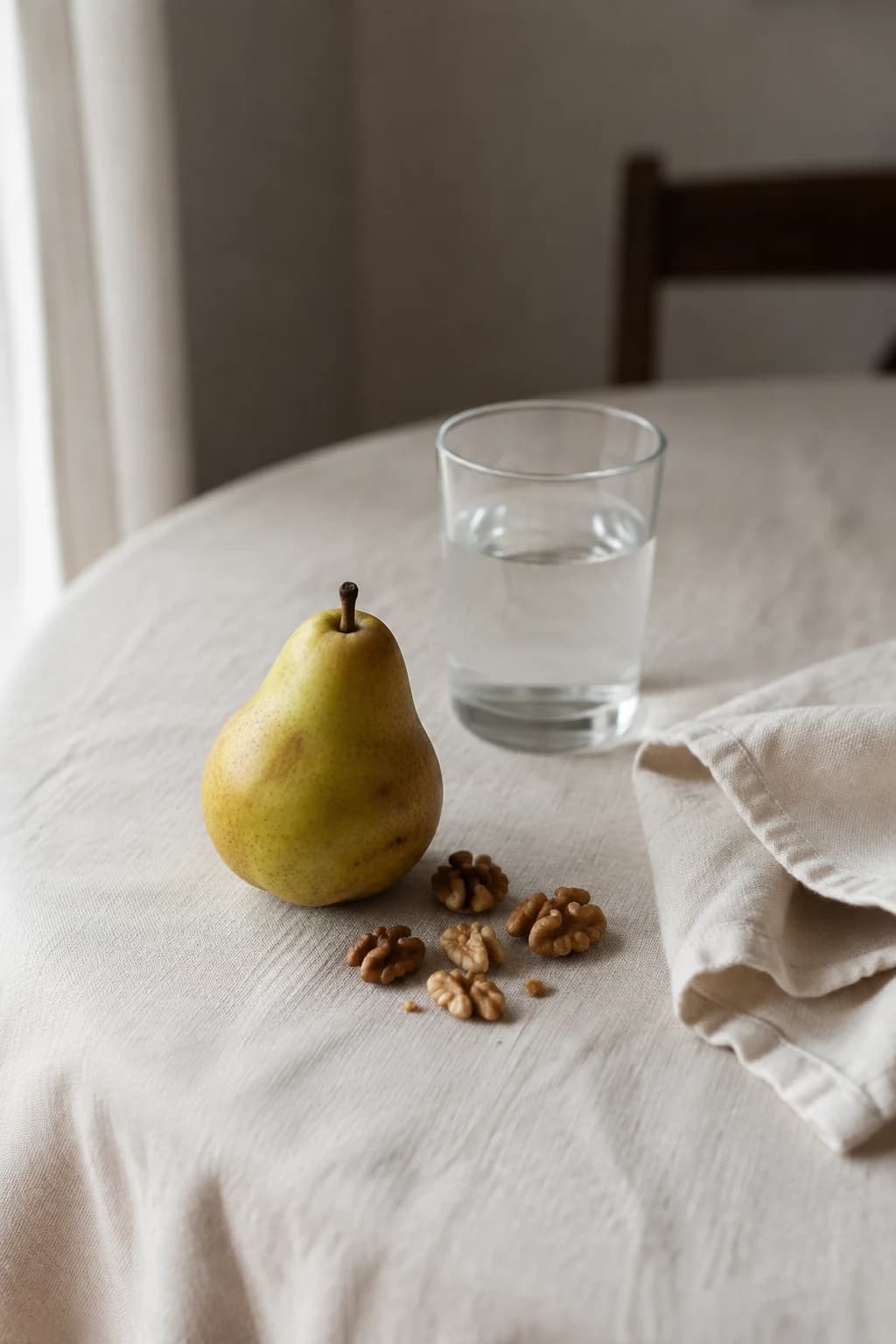 Pera, nueces y agua sobre lino. Imagen conceptual de bienestar generada.
